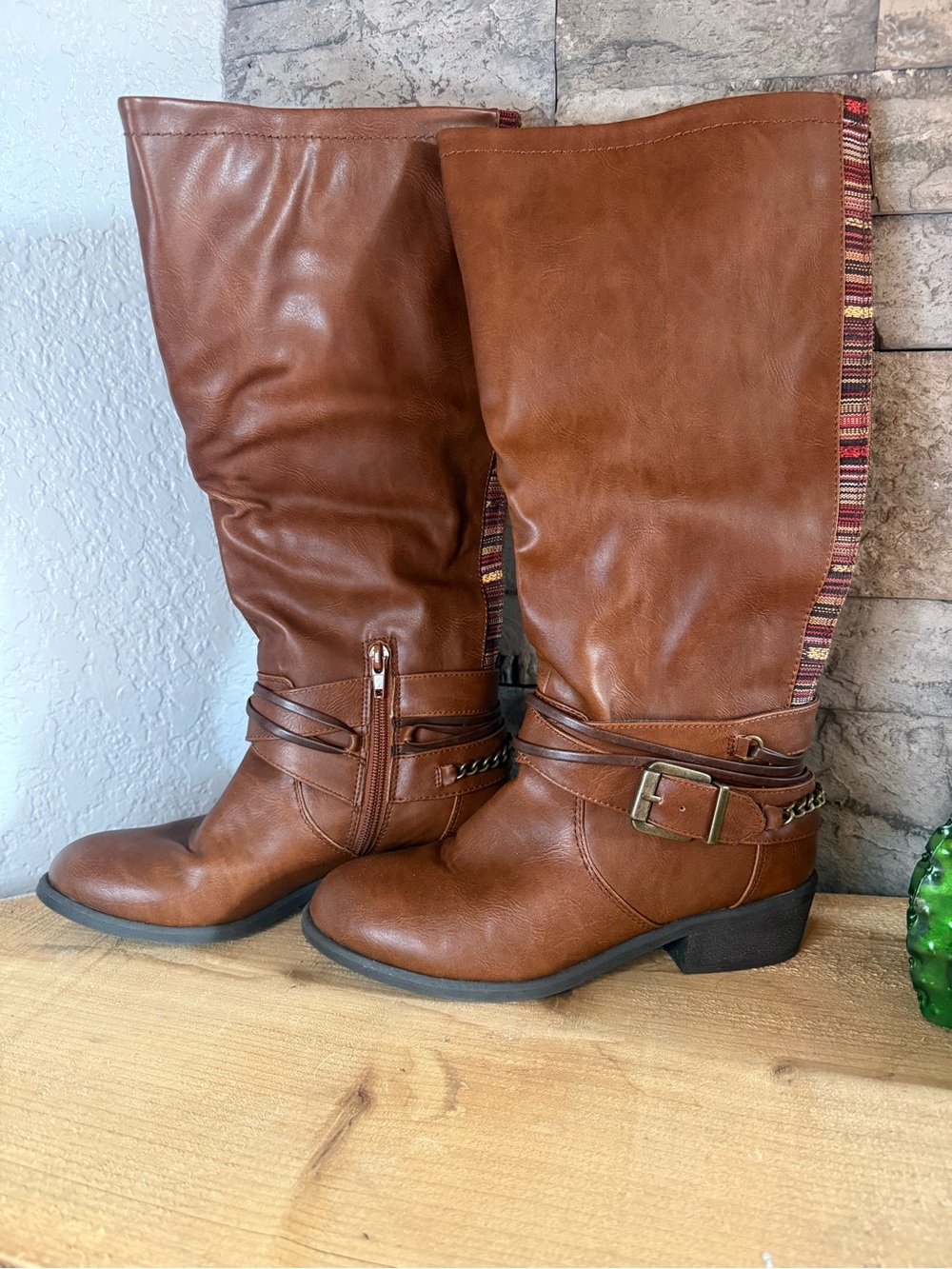 Pink & Pepper Brown Mid-Calf Riding Boots with Buckle & Chain